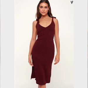 Rosaleen Burgundy Tie-Strap Ribbed Knit Midi Dress